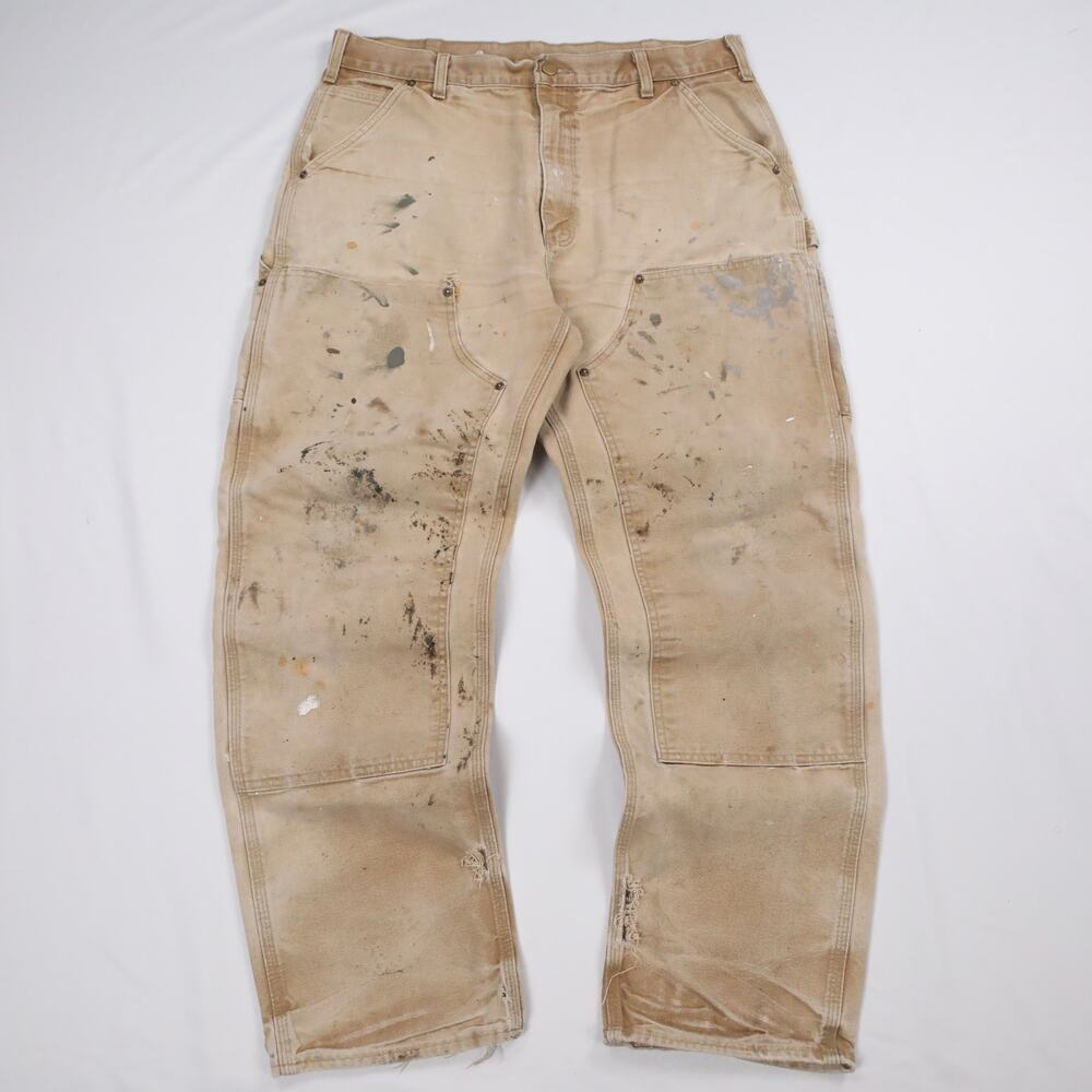 Vintage THRASHED Carhartt B01 BRN Faded Brown Double Knee Carpenter Pants 35x30